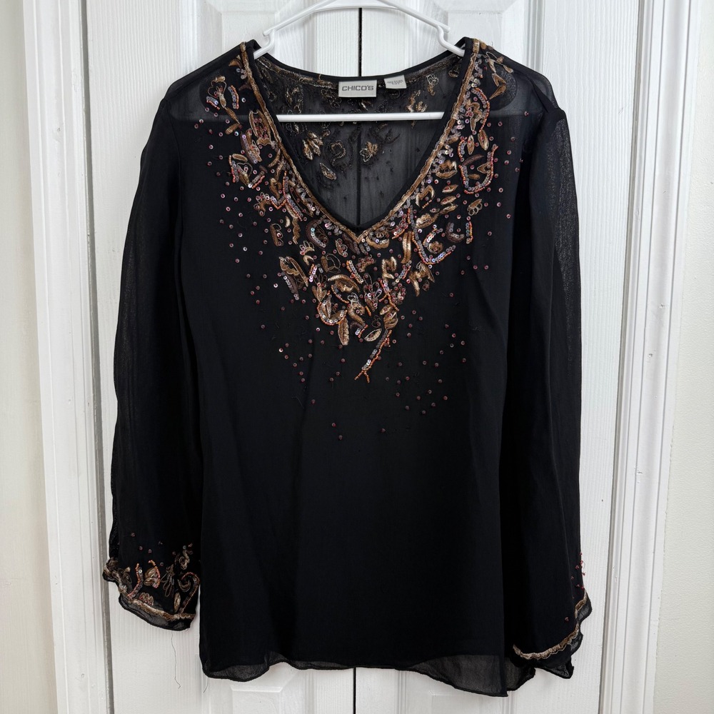 Chicos Black Beaded Sequin Embellished V Neck Long Sleeve Sheer Top Size 2
